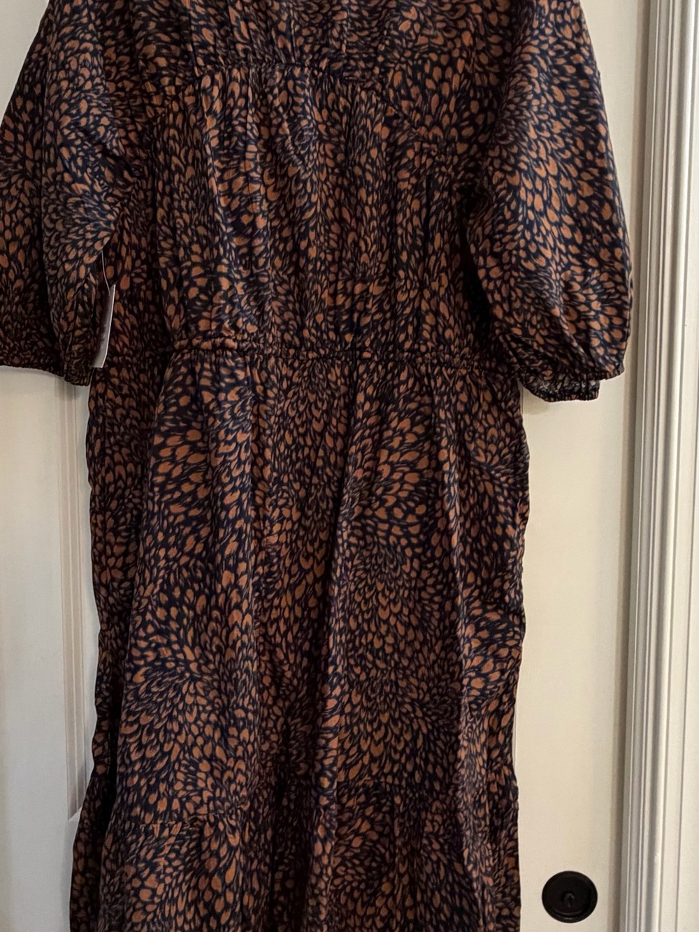 Classic Navy Midi Dress with Brown Print - Elastic Waist - Picture 7 of 8